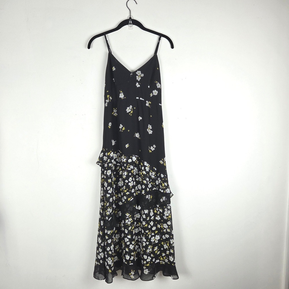 Bardot Black Yellow Ditsy Floral Tiered Ruffle Midi Dress Size 4 Coquette Fairy - Picture 2 of 10